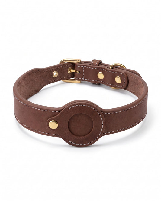 Chestnut Brown Leather AirTag Dog Collar