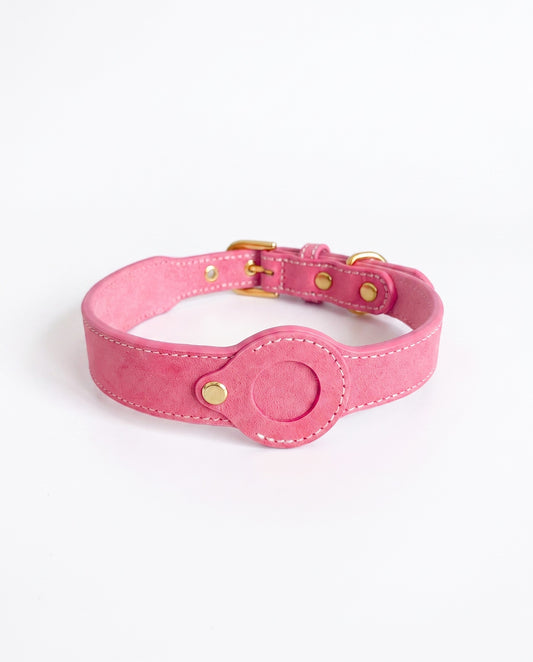 Sweet Pink Leather AirTag Dog Collar