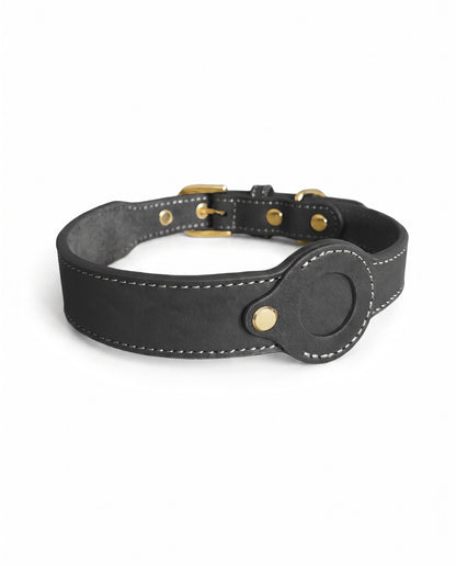 Classic Black Leather AirTag Dog Collar