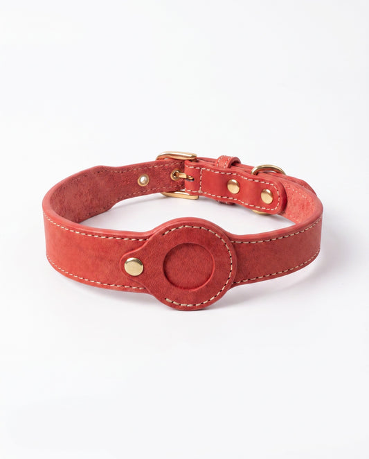 Bold Red Leather AirTag Dog Collar