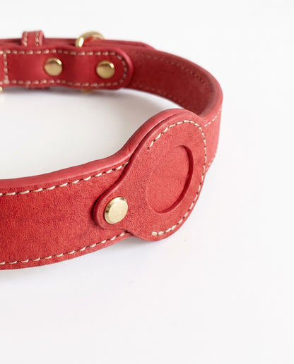 Bold Red Leather AirTag Dog Collar