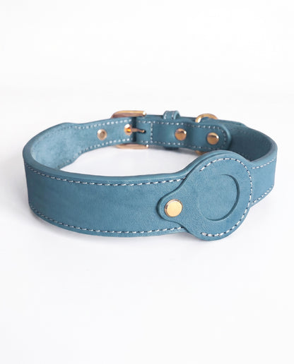 Sky Blue Leather AirTag Dog Collar