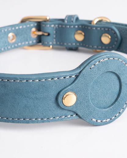 Sky Blue Leather AirTag Dog Collar