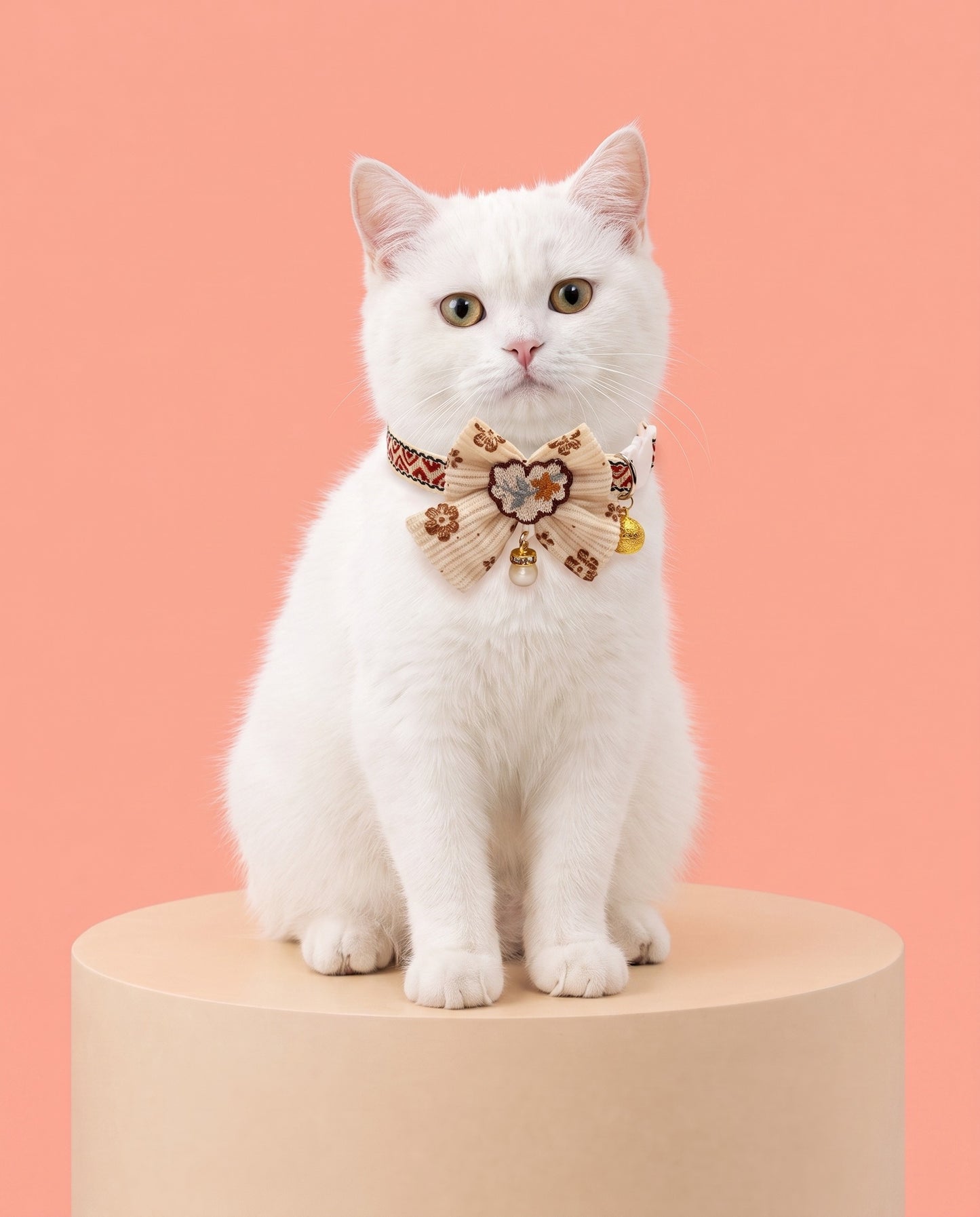 Vintage Cream Bow Pet Collar with Bell Charm
