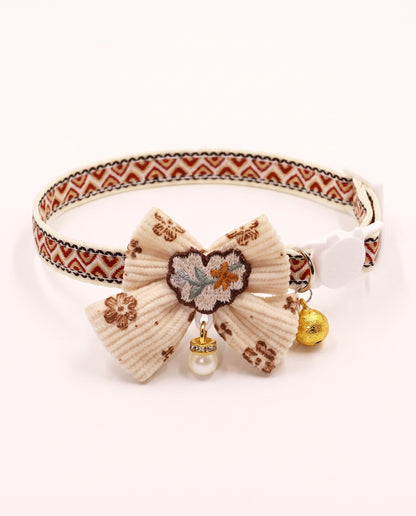 Vintage Cream Bow Pet Collar with Bell Charm