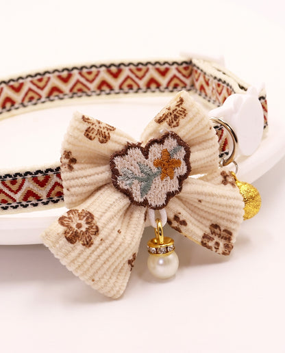 Vintage Cream Bow Pet Collar with Bell Charm