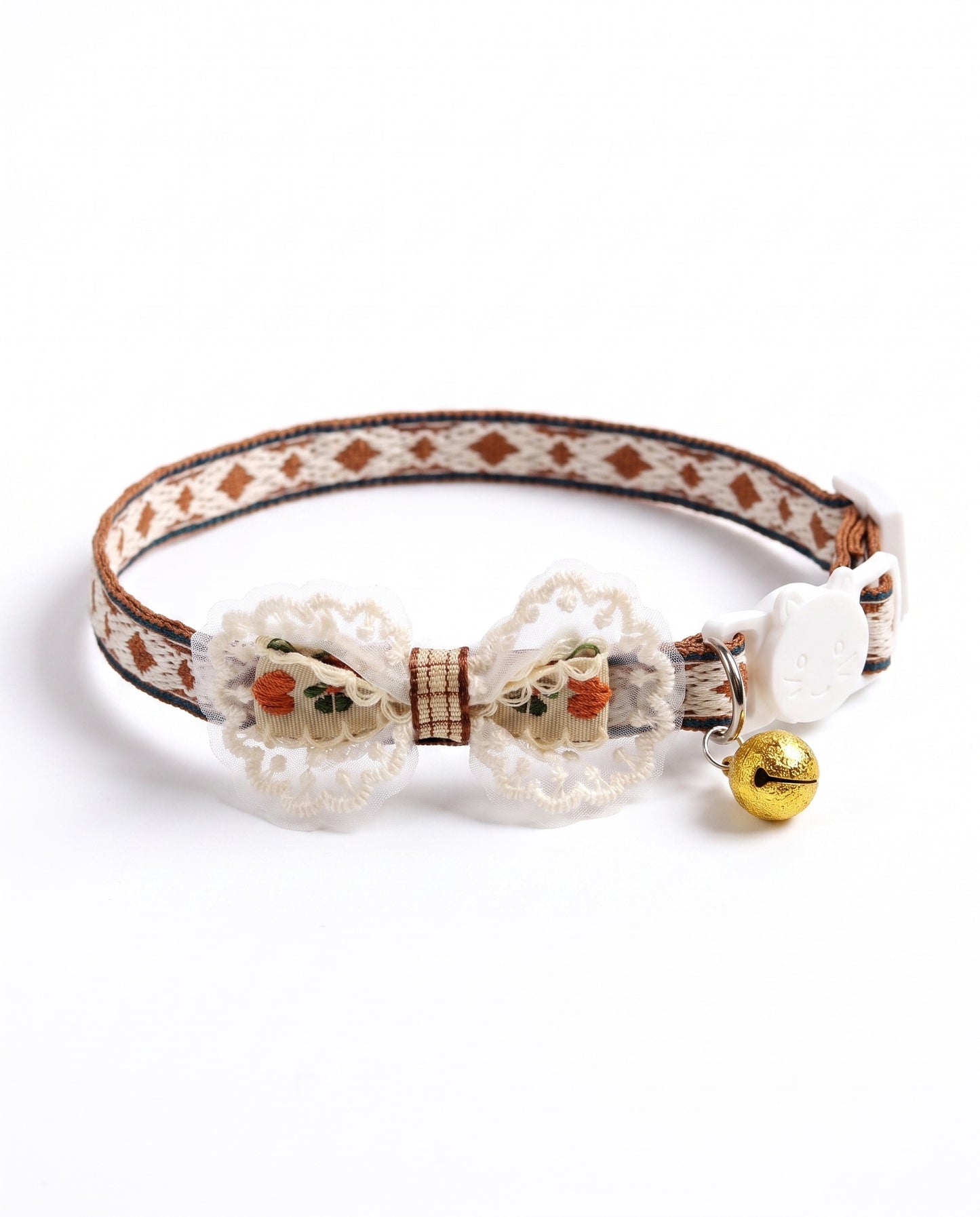 Cottage Lace Bow Pet Collar with Gold Bell
