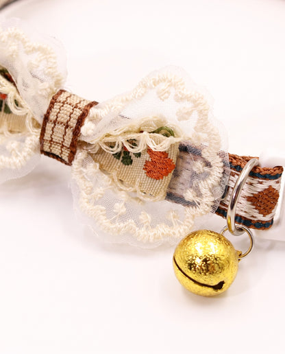 Cottage Lace Bow Pet Collar with Gold Bell