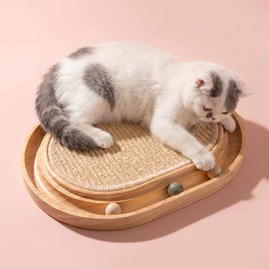 Wooden Cat Scratcher Lounge Bed with Interactive Ball Track