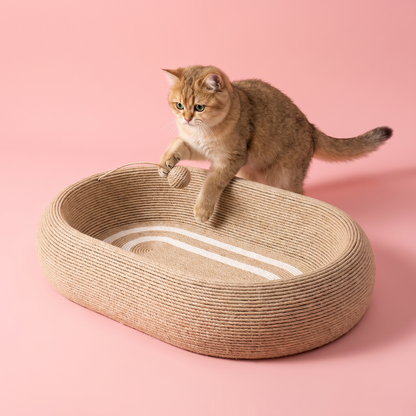 Handwoven Rope Cat Bed & Scratcher with Hanging Interactive Toy