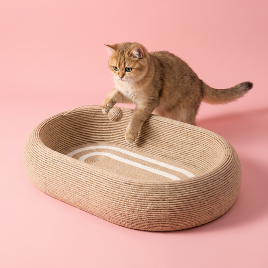 Handwoven Rope Cat Bed & Scratcher with Hanging Interactive Toy